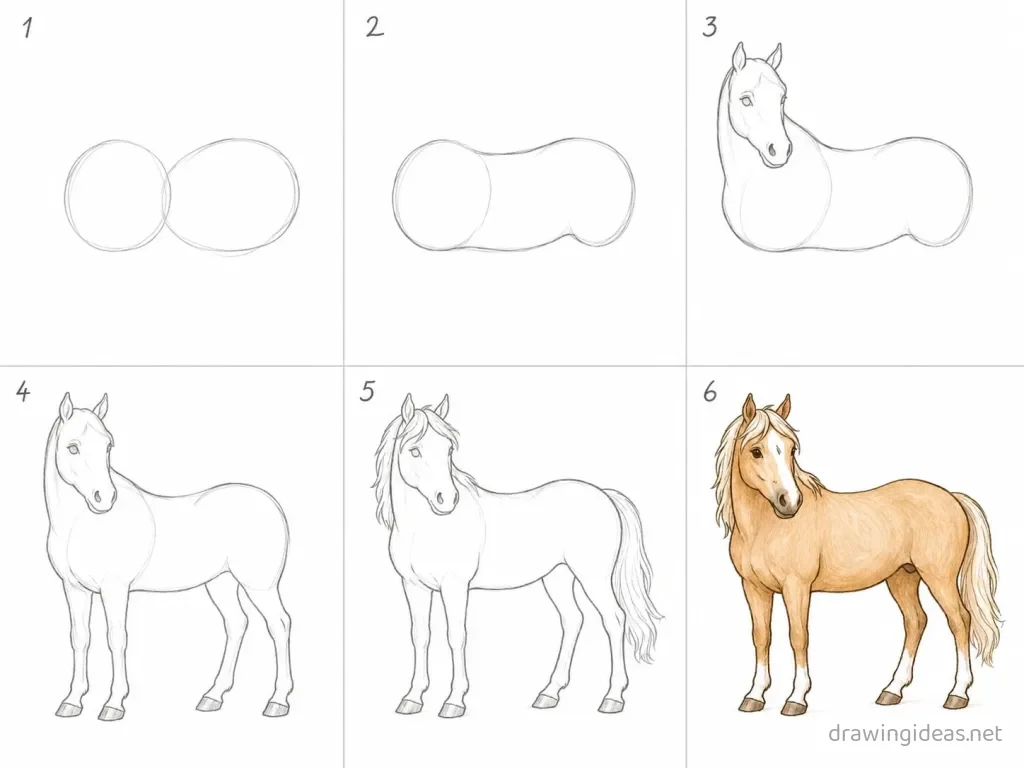 How to draw a horse step by step — 6-step horse drawing tutorial grid