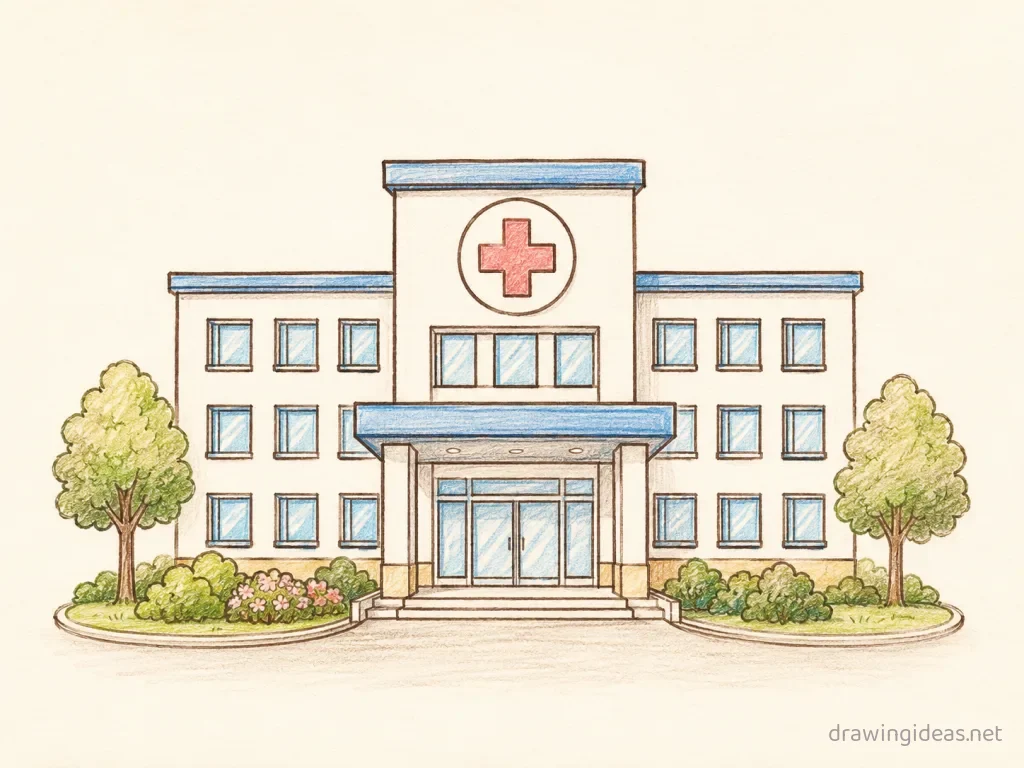 Hospital drawing — hand-drawn hospital illustration with ink lines and soft colors