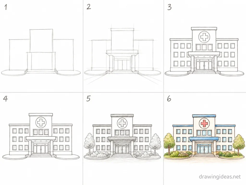 How to draw a hospital step by step — 6-step hospital drawing tutorial grid