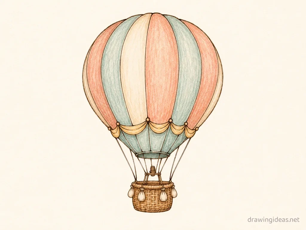 Hot Air Balloon drawing ā hand-drawn hot air balloon illustration with ink lines and soft colors