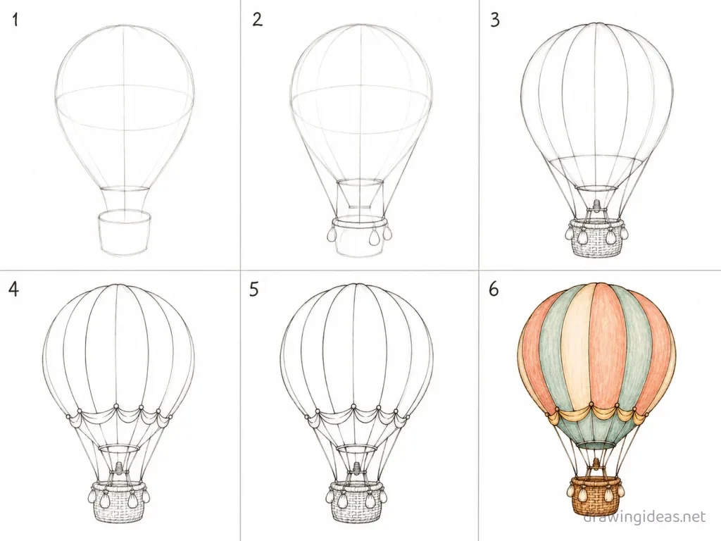 How to draw a hot air balloon step by step — 6-step hot air balloon drawing tutorial grid