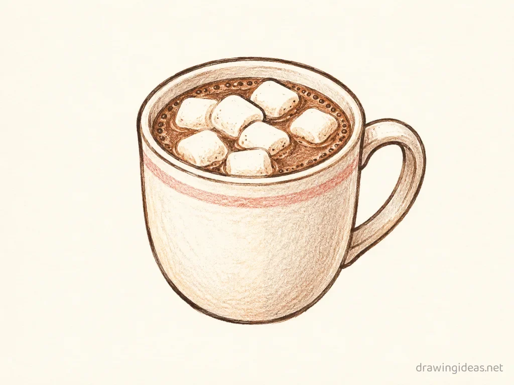 Hot Chocolate drawing — hand-drawn hot chocolate illustration with ink lines and soft colors