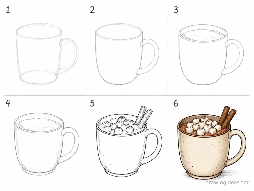 How to draw a hot chocolate step by step — 6-step hot chocolate drawing tutorial grid