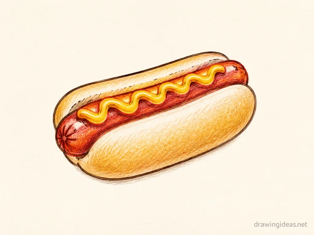 Hot Dog drawing — hand-drawn hot dog illustration with ink lines and soft colors