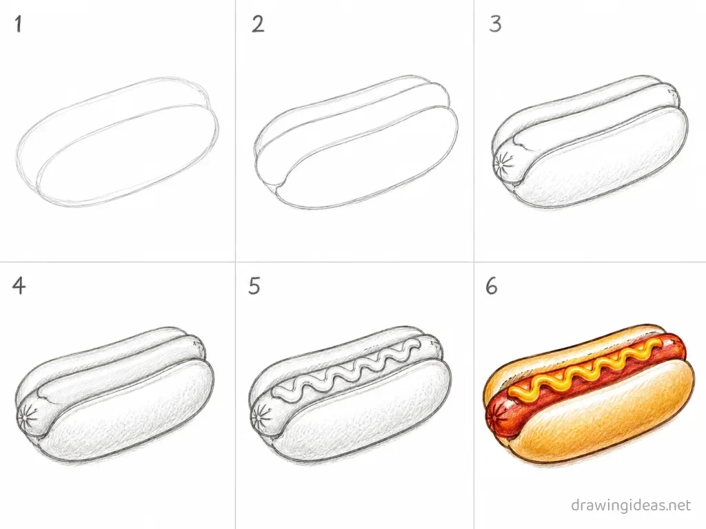 How to draw a hot dog step by step — 6-step hot dog drawing tutorial grid
