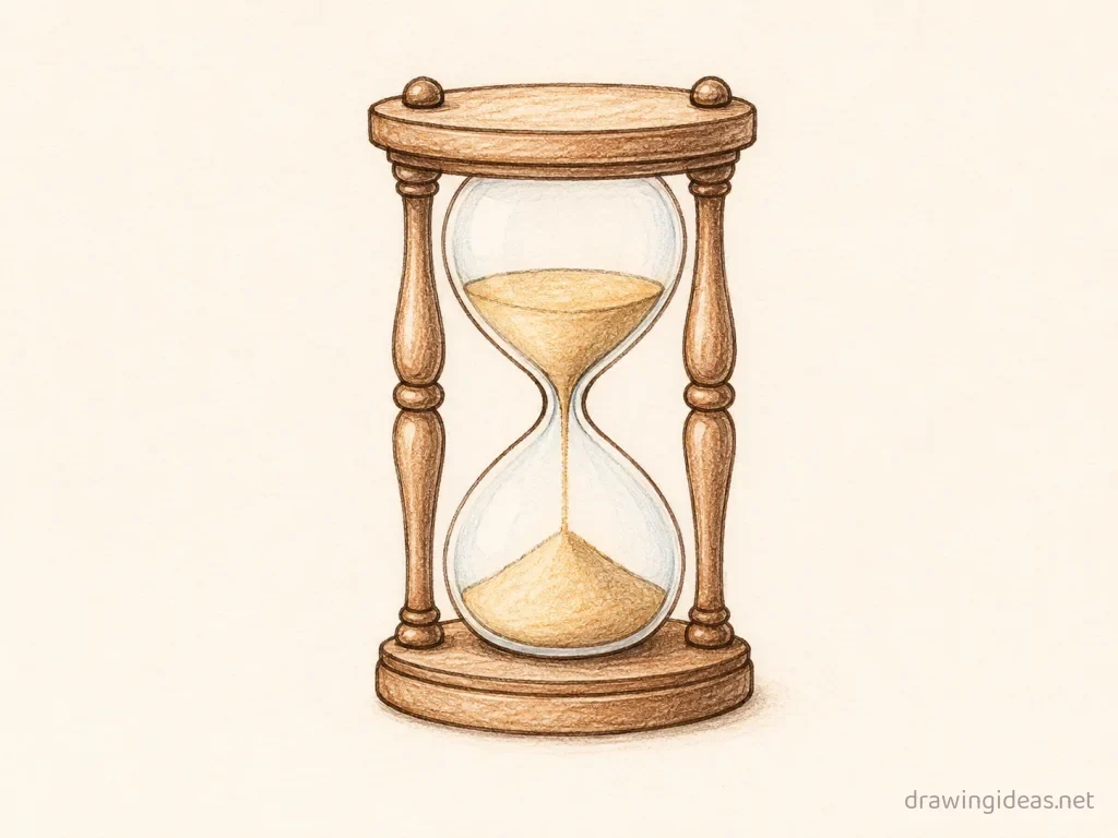 Hourglass drawing — hand-drawn hourglass illustration with ink lines and soft colors