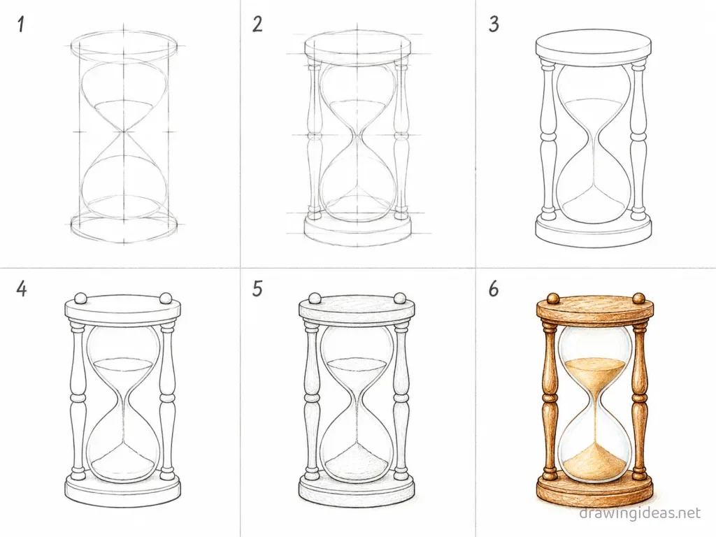 How to draw a hourglass step by step — 6-step hourglass drawing tutorial grid