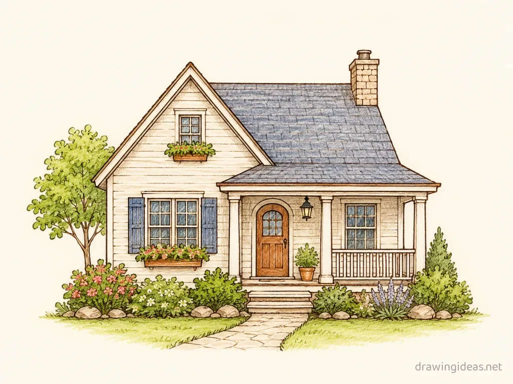 House drawing — hand-drawn house illustration with ink lines and soft colors