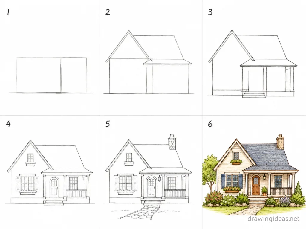 How to draw a house step by step — 6-step house drawing tutorial grid