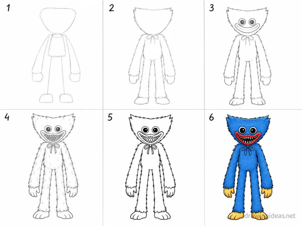 How to draw Huggy Wuggy step by step — 6-step Huggy Wuggy drawing tutorial grid