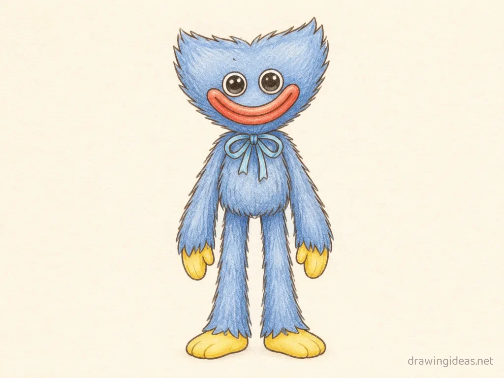 Huggy Wuggy drawing — hand-drawn Huggy Wuggy illustration with ink lines and soft colors