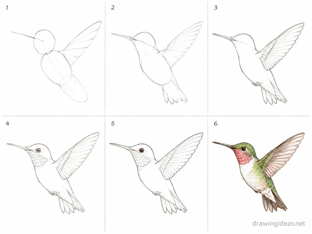 How to draw a hummingbird step by step — 6-step hummingbird drawing tutorial grid