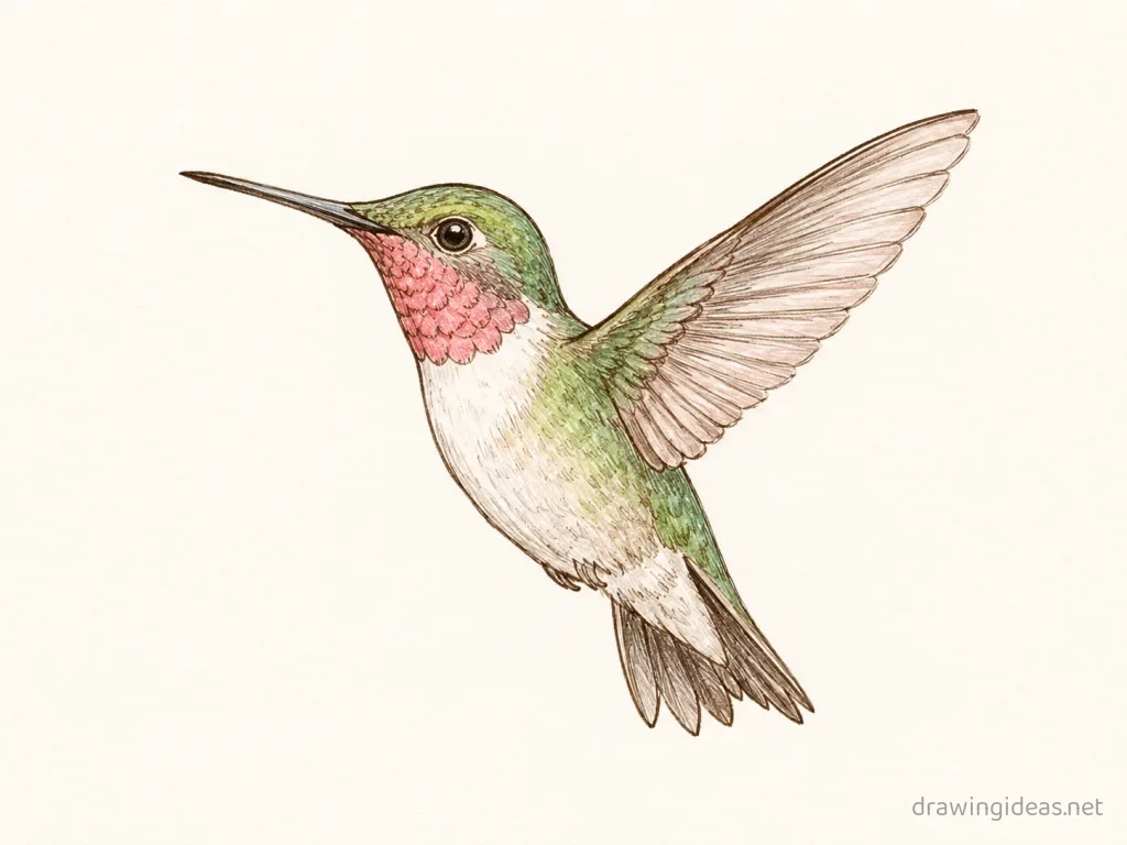 Hummingbird drawing — hand-drawn hummingbird illustration with ink lines and soft colors
