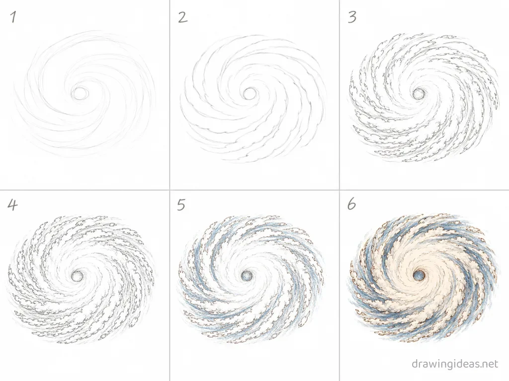 How to draw a hurricane step by step — 6-step hurricane drawing tutorial grid