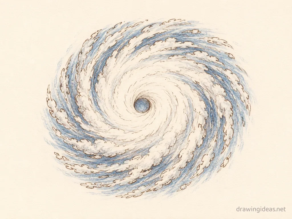 Hurricane drawing — hand-drawn hurricane illustration with ink lines and soft colors