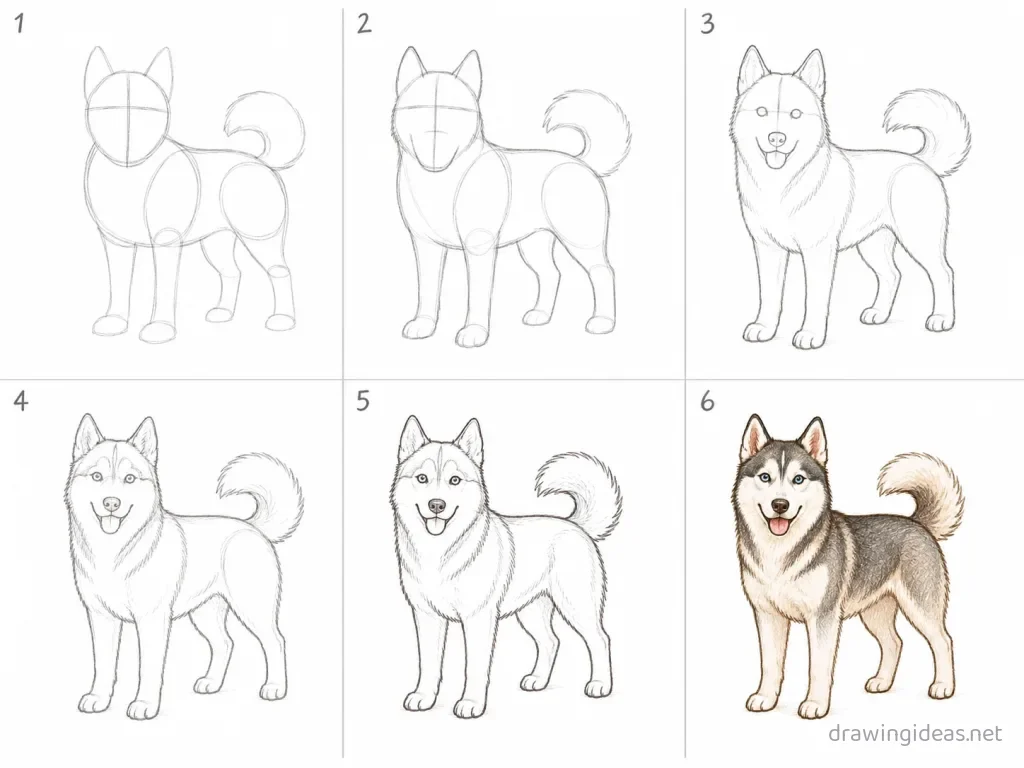 How to draw a husky step by step — 6-step husky drawing tutorial grid