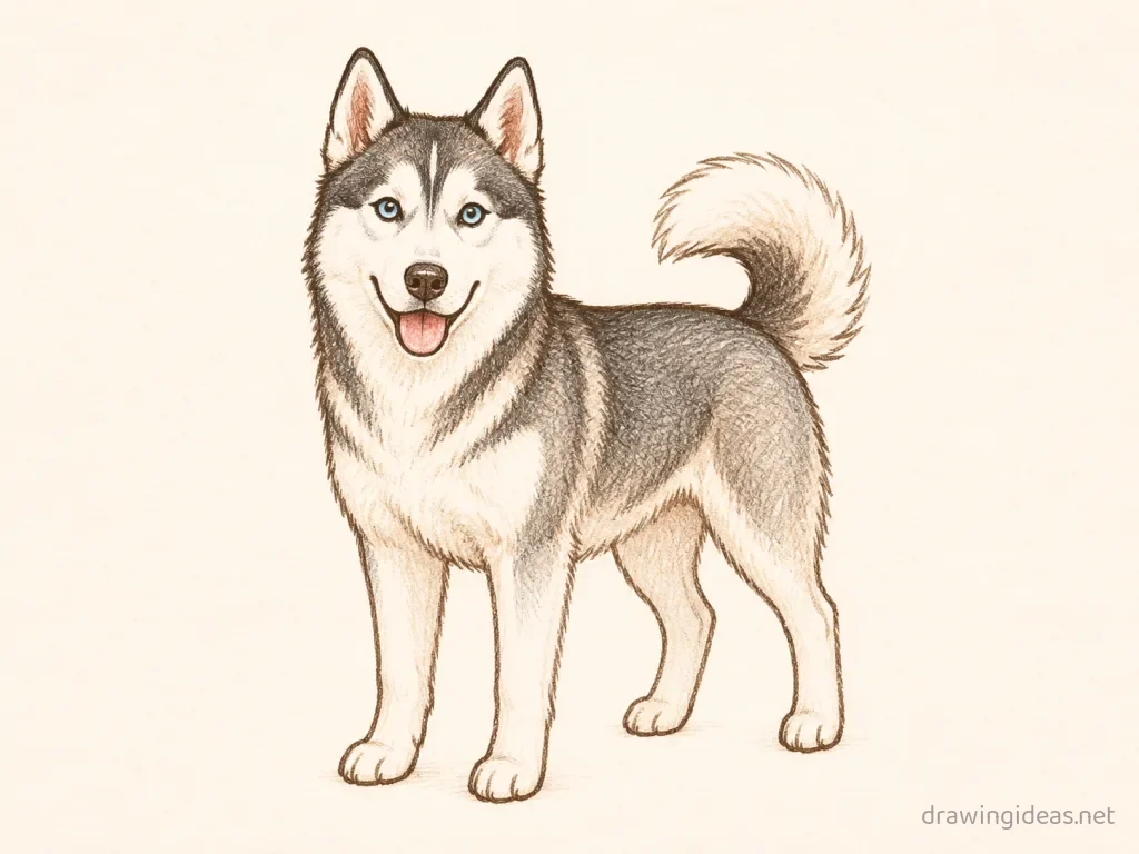 Husky drawing — hand-drawn husky illustration with ink lines and soft colors