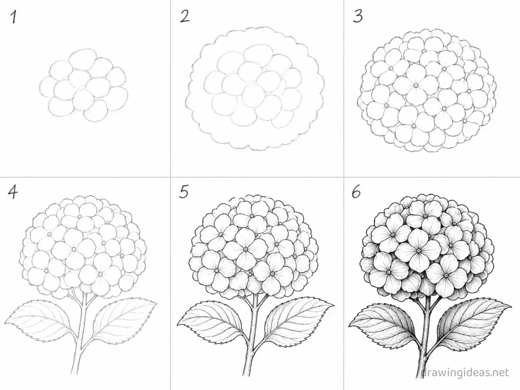 How to draw a hydrangea step by step — 6-step hydrangea drawing tutorial grid