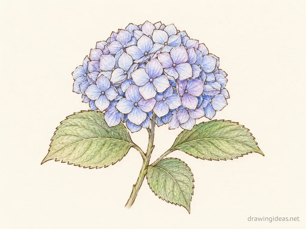 Hydrangea drawing — hand-drawn hydrangea illustration with ink lines and soft colors
