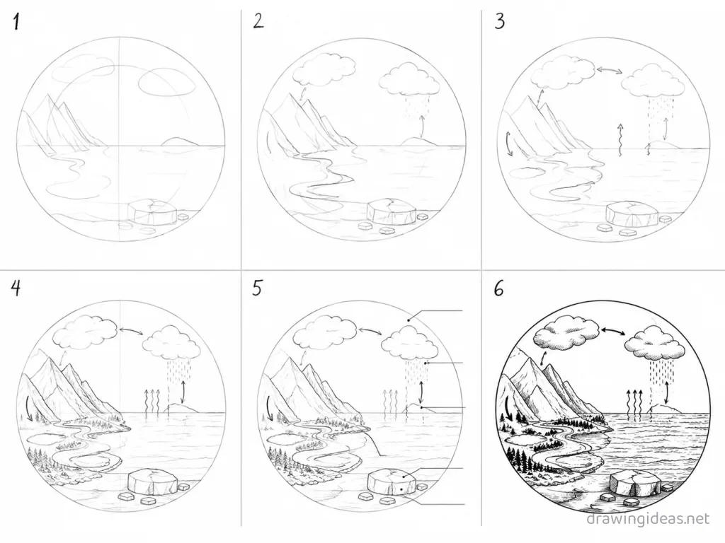 How to draw a hydrosphere step by step — 6-step hydrosphere drawing tutorial grid