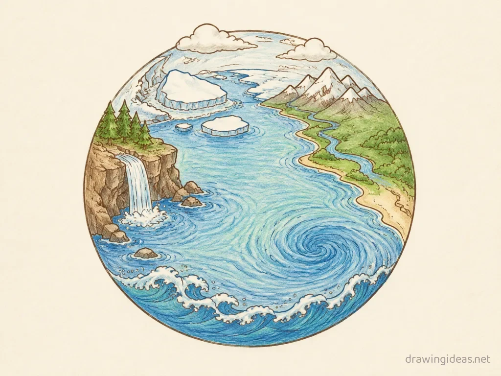 Hydrosphere drawing — hand-drawn hydrosphere illustration with ink lines and soft colors