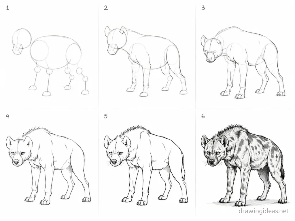 How to draw a hyena step by step — 6-step hyena drawing tutorial grid