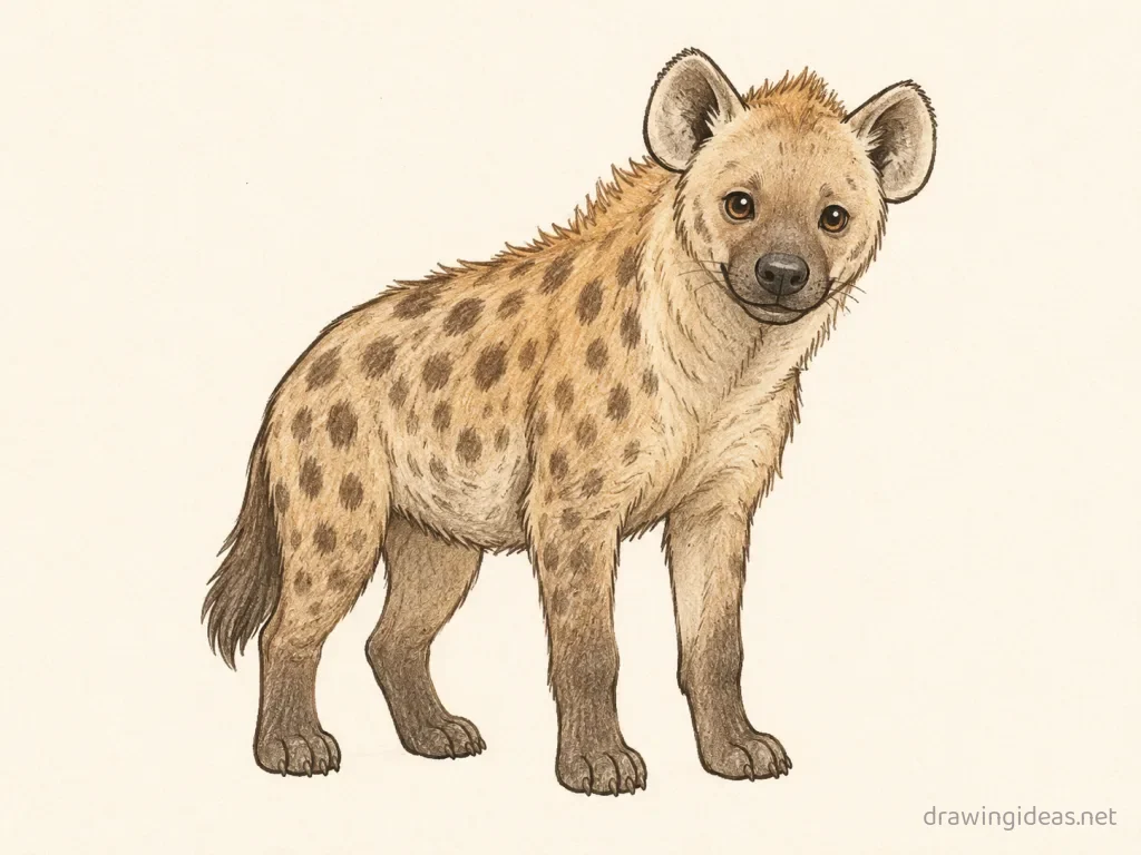 Hyena drawing — hand-drawn hyena illustration with ink lines and soft colors