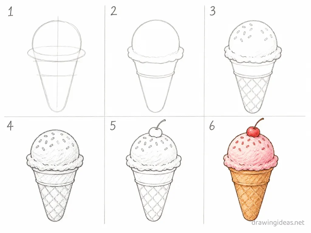 How to draw an ice cream step by step — 6-step ice cream drawing tutorial grid