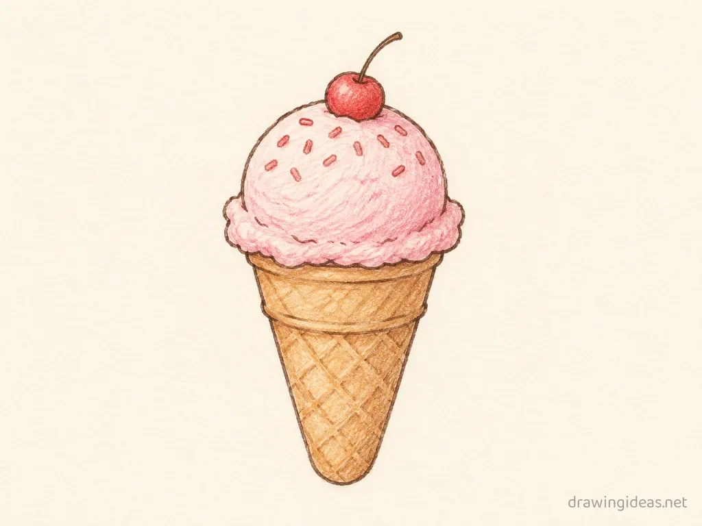 Ice Cream drawing — hand-drawn ice cream illustration with ink lines and soft colors