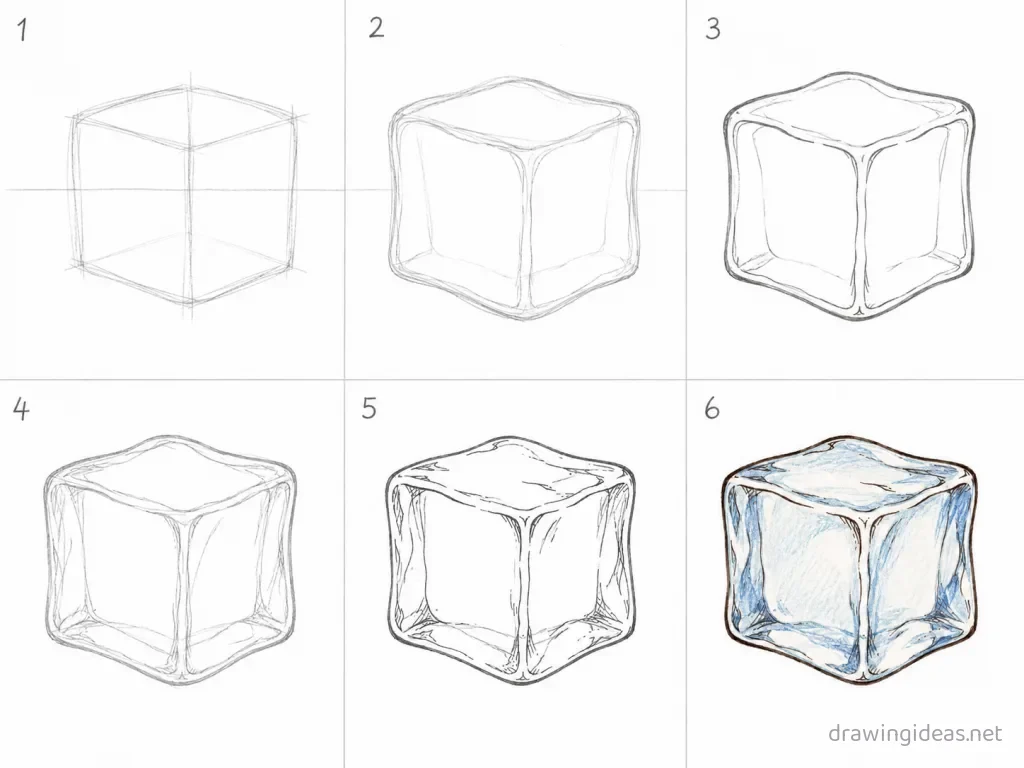 How to draw an ice cube step by step — 6-step ice cube drawing tutorial grid
