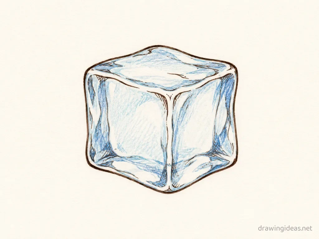 Ice Cube drawing — hand-drawn ice cube illustration with ink lines and soft colors