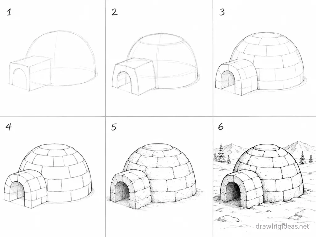 How to draw an igloo step by step — 6-step igloo drawing tutorial grid