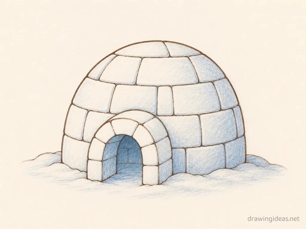 Igloo drawing — hand-drawn igloo illustration with ink lines and soft colors