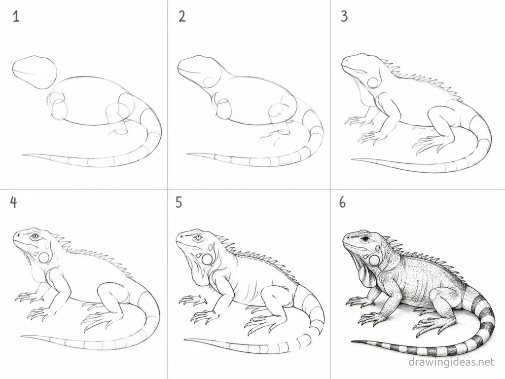 How to draw an iguana step by step — 6-step iguana drawing tutorial grid