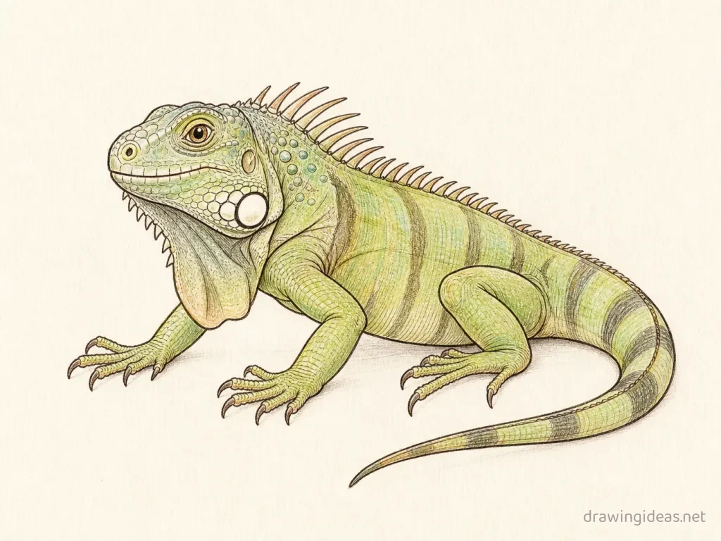 Iguana drawing — hand-drawn iguana illustration with ink lines and soft colors