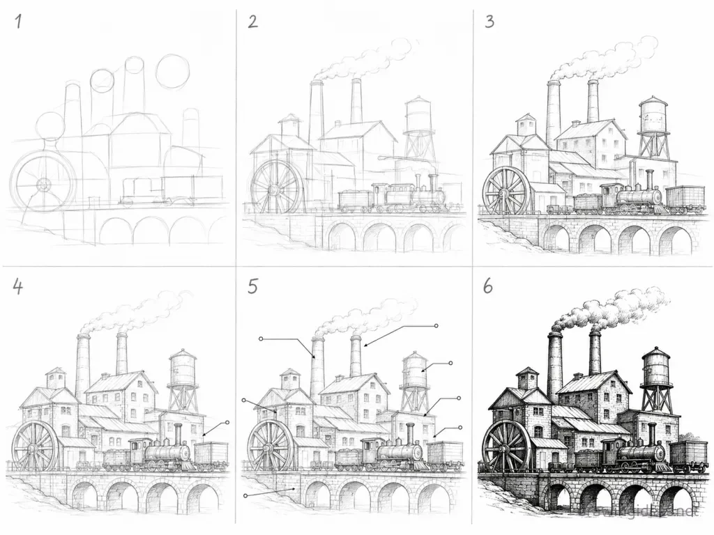 How to draw the Industrial Revolution step by step — 6-step Industrial Revolution drawing tutorial grid