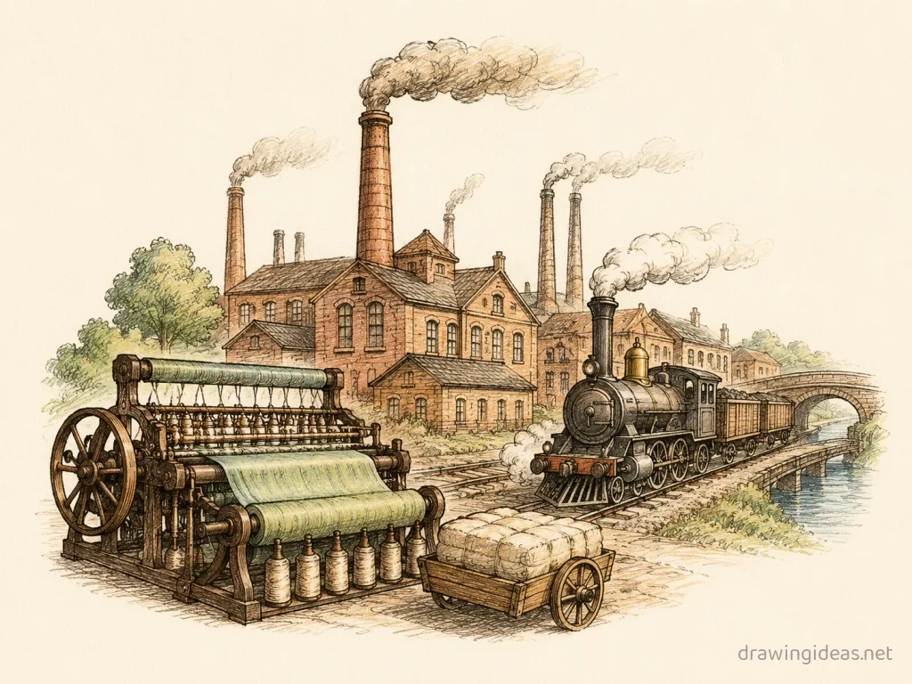 Industrial Revolution drawing — hand-drawn Industrial Revolution illustration with ink lines and soft colors