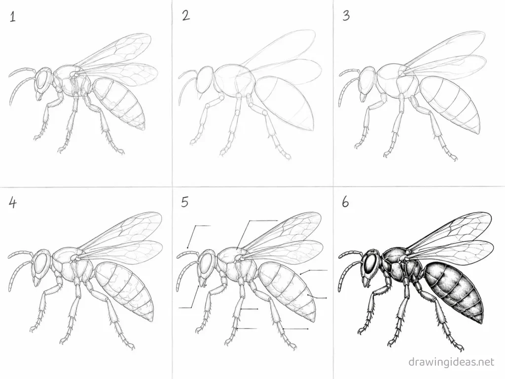 How to draw an insect step by step — 6-step insect drawing tutorial grid