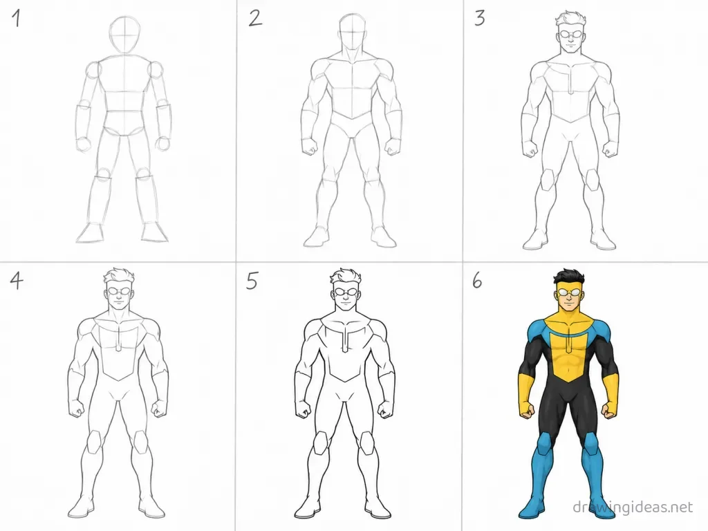 How to draw Invincible step by step — 6-step Invincible drawing tutorial grid