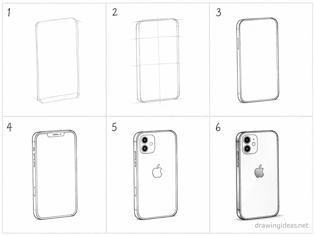 How to draw an iphone step by step — 6-step iphone drawing tutorial grid
