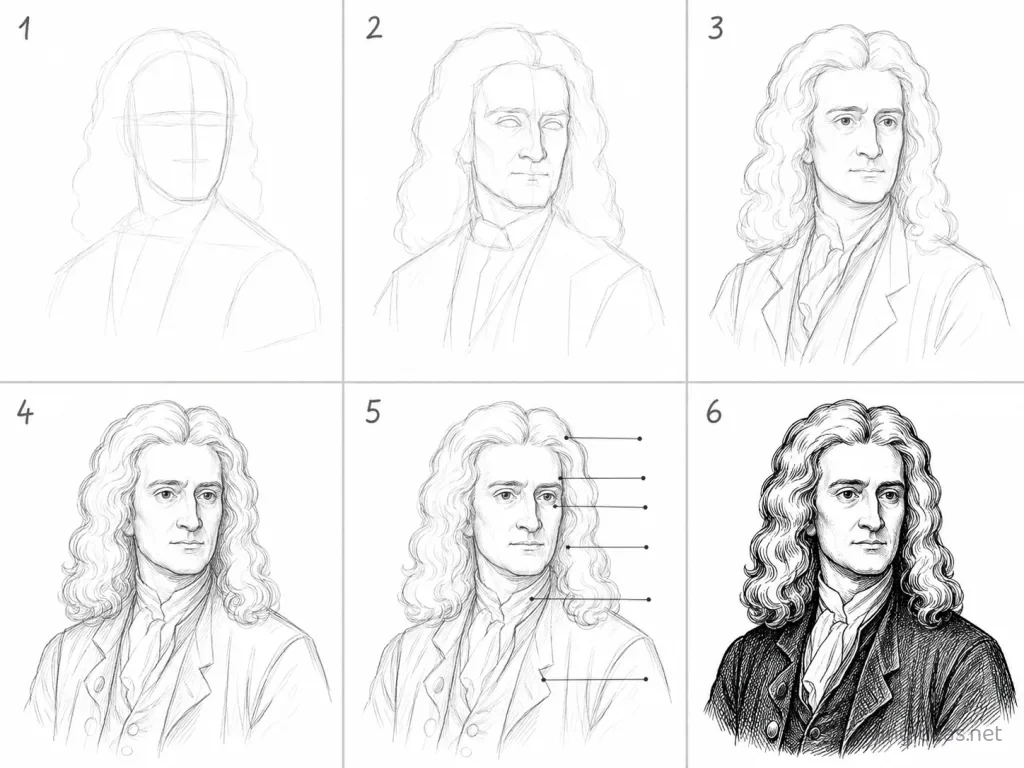 How to draw Isaac Newton step by step — 6-step Isaac Newton drawing tutorial grid