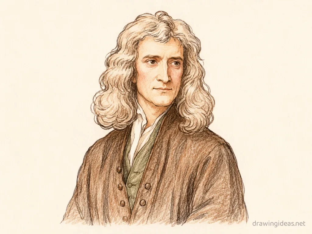 Isaac Newton drawing — hand-drawn Isaac Newton illustration with ink lines and soft colors