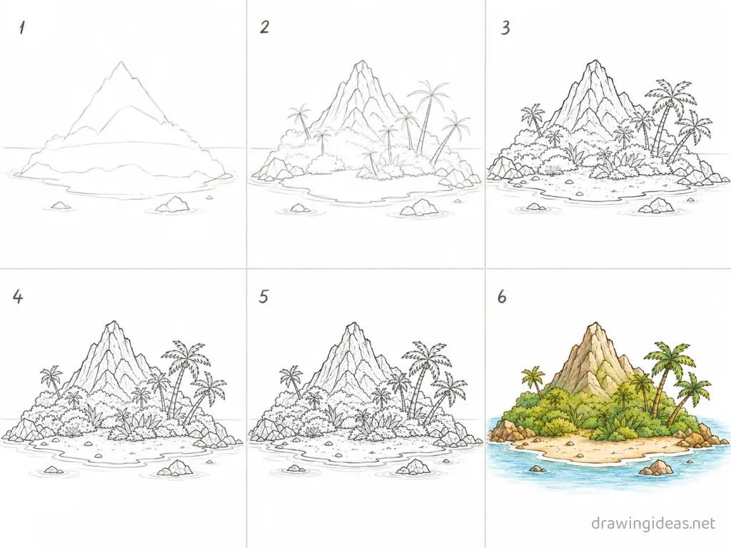 How to draw an island step by step — 6-step island drawing tutorial grid
