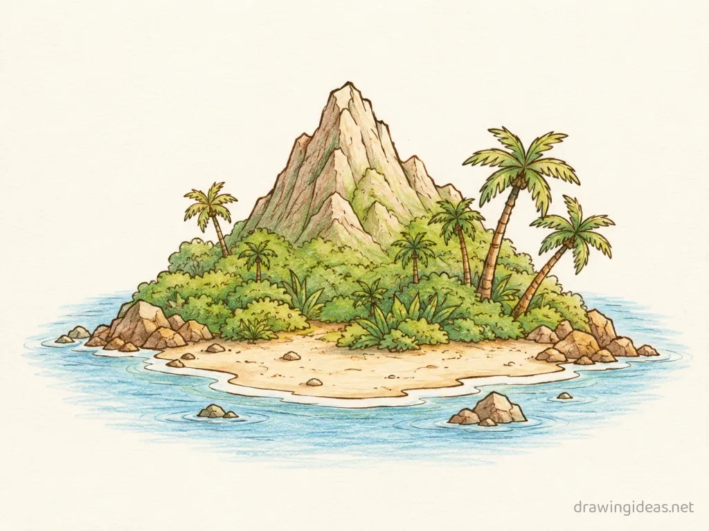 Island drawing — hand-drawn island illustration with ink lines and soft colors