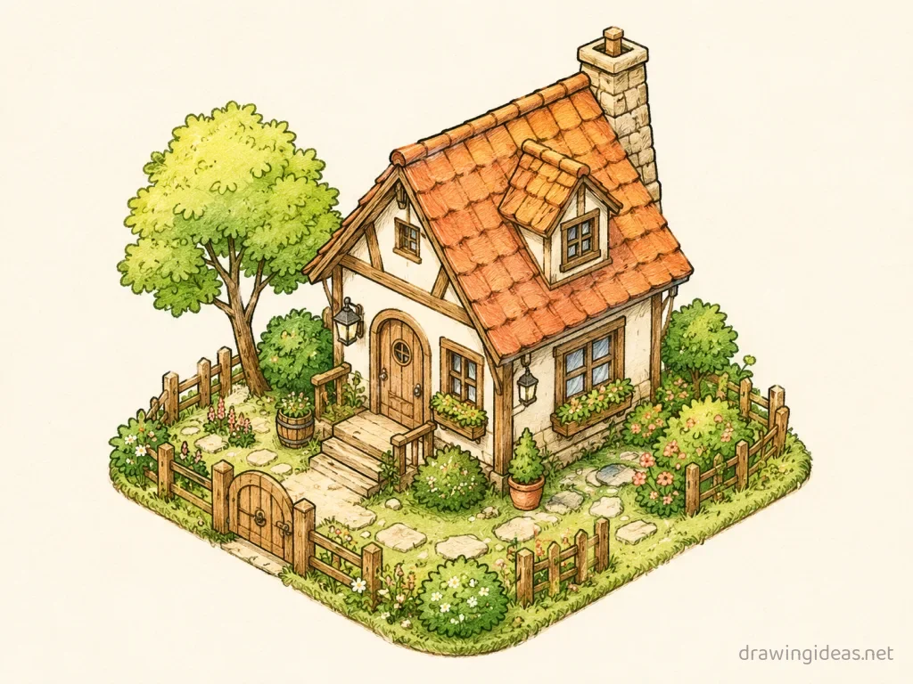 Isometric drawing — hand-drawn isometric illustration with ink lines and soft colors