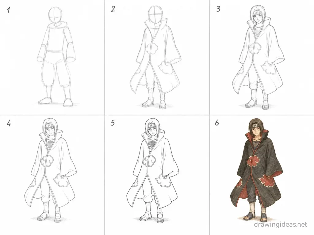 How to draw Itachi step by step — 6-step Itachi drawing tutorial grid