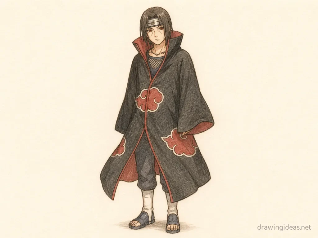 Itachi drawing — hand-drawn Itachi illustration with ink lines and soft colors
