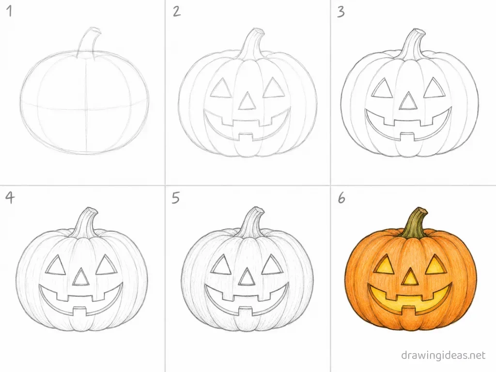 How to draw a jack o lantern step by step — 6-step jack o lantern drawing tutorial grid