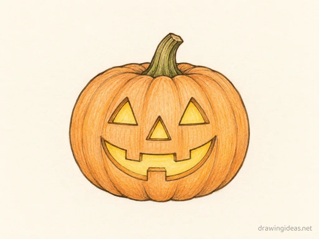 Jack O Lantern drawing — hand-drawn jack o lantern illustration with ink lines and soft colors