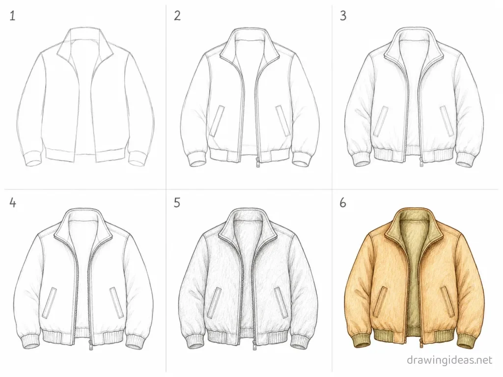 How to draw a jacket step by step — 6-step jacket drawing tutorial grid